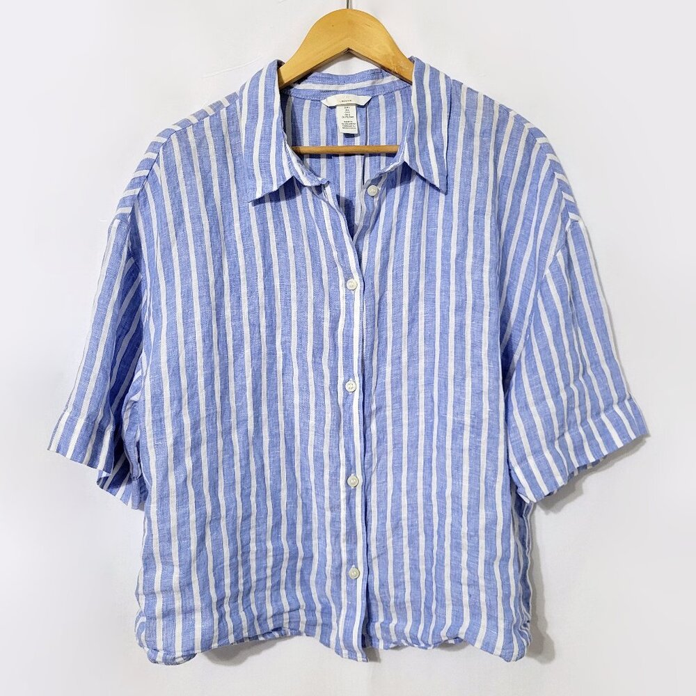 H&M Womens 100% Linen Button Down Top Size L Short Sleeve Blue Striped Coastal